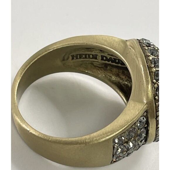 Heidi Daus Antiqued Gold Tone Black Faux Pearl Pave Crystal Cocktail Ring Sz 9.5 - Picture 7 of 9